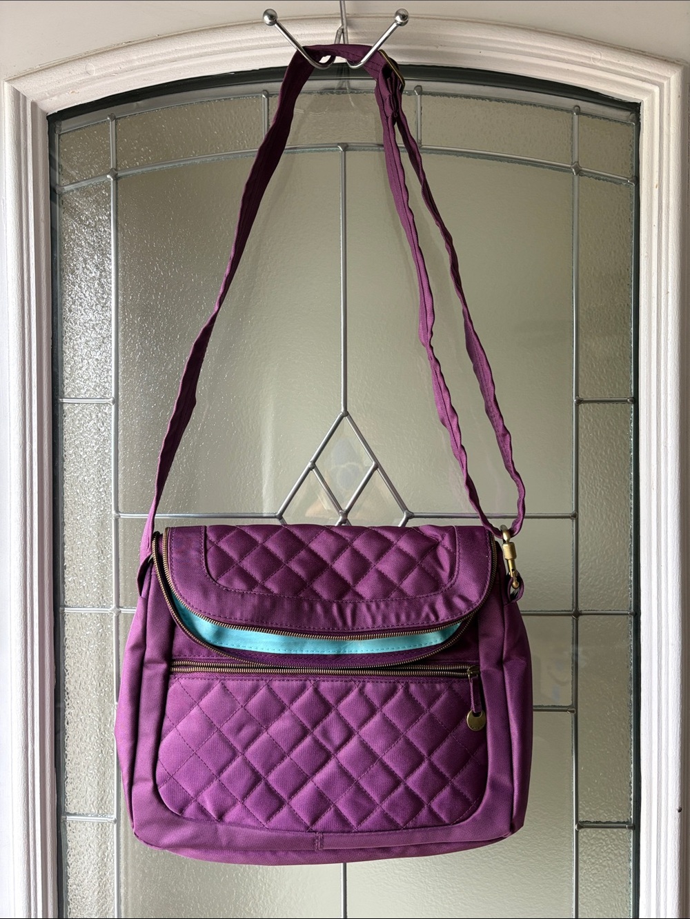 Travelon Plum Quilted Crossbody Shoulder Bag with Teal Trim